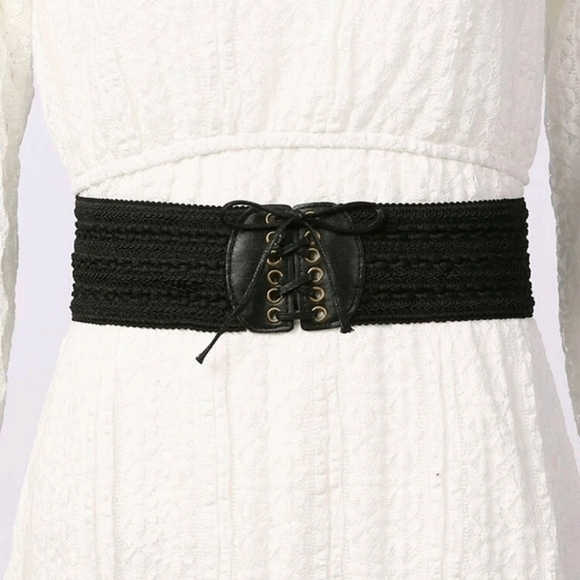 Whimsigoth Black Woven Lace-Up Corset Waist Belt Boho Stretch Elastic OS - Picture 1 of 11